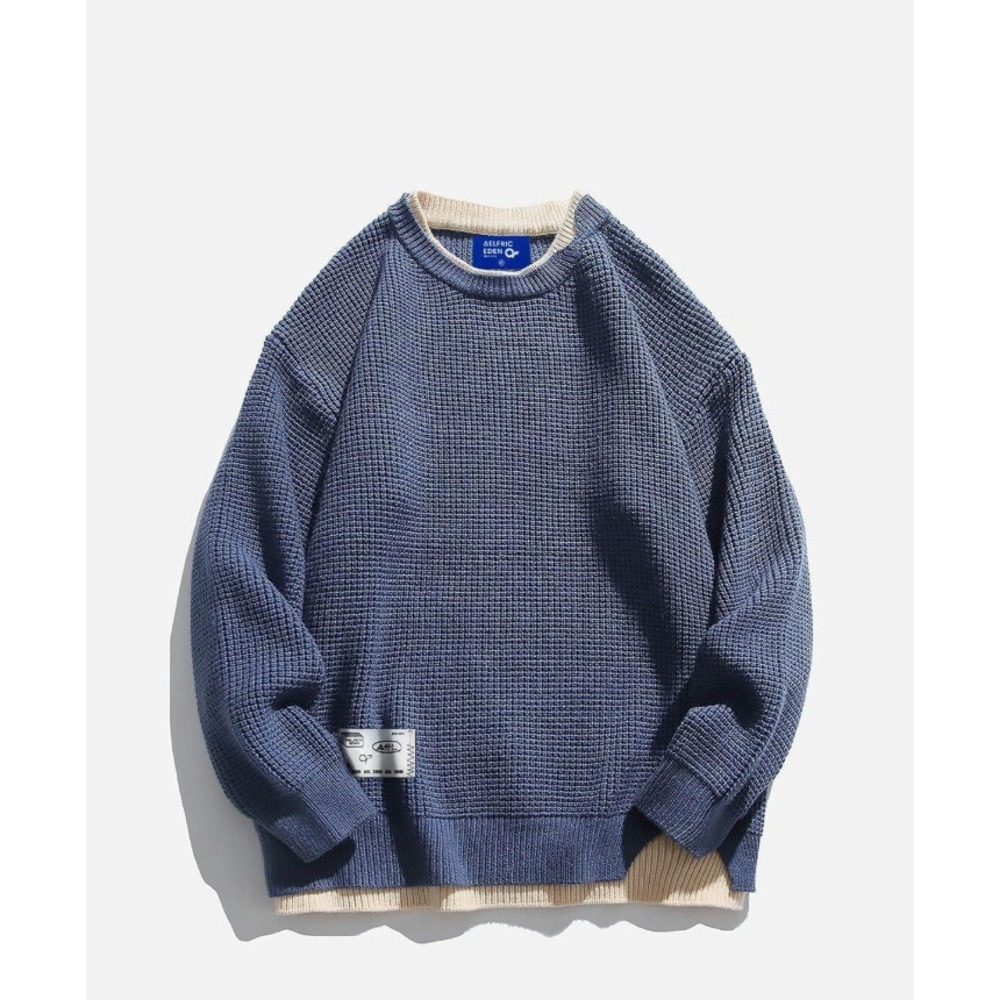 Aelfric Eden‎ Faux Two Piece Waffle Sweater Textured Layered Blue Cream Small
